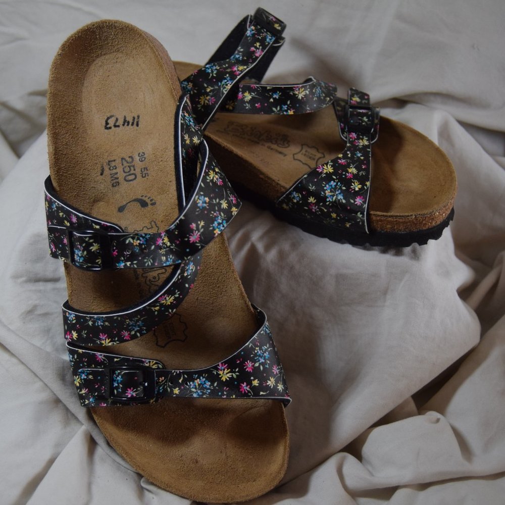 Birkenstock Birki cCoss Strap Sandals, black with multi colored flowers!!!